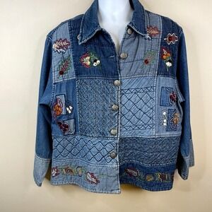 Keren Hart Quilted Patchwork Denim Jacket Leaf Embroidery Size L Boho Cottagecor